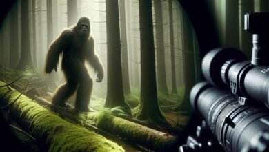 A sasquatch or bigfoot walking on the moss in a deep forest